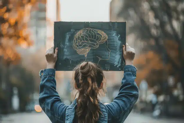 femme qui brandit un dessin de cerveau