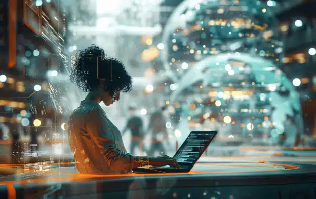 femme avec ordinateur dans un environnement très coloré d'intelligence artificielle